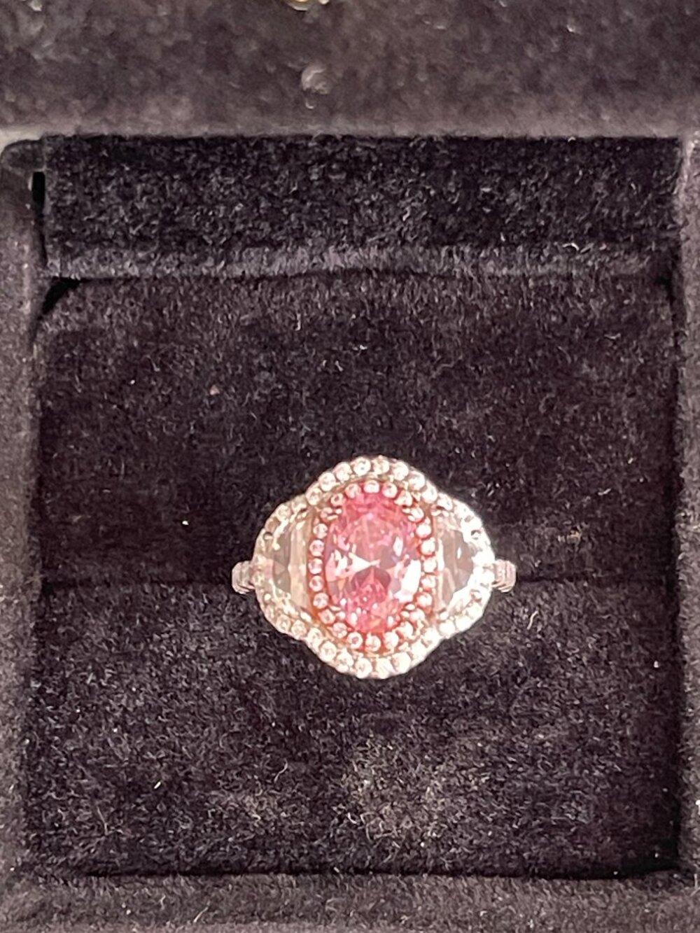 Stunning Double Halo Oval Cut Pink Sterling Silver Engagement Ring. Ring size 4.